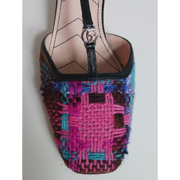 GUCCI DOUBLE G LOGO TWEED T'- STRAP PUMPS SANDALS.