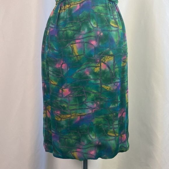 Green Print Pleated Bodice Vintage Dress