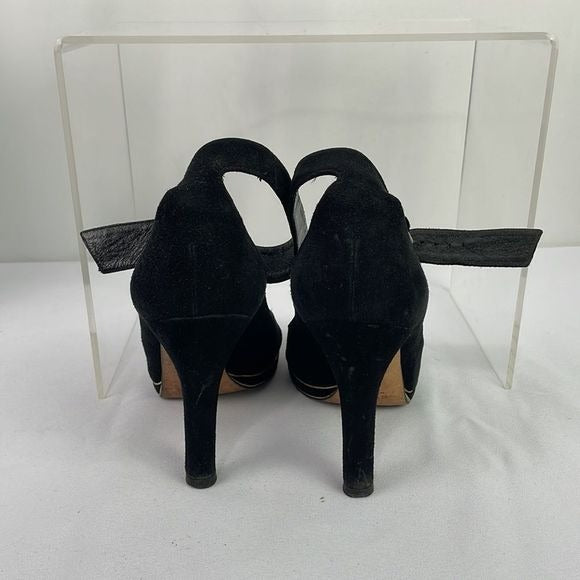 Gucci Black Suede With Gold Ankle Strap Sandal Heels
