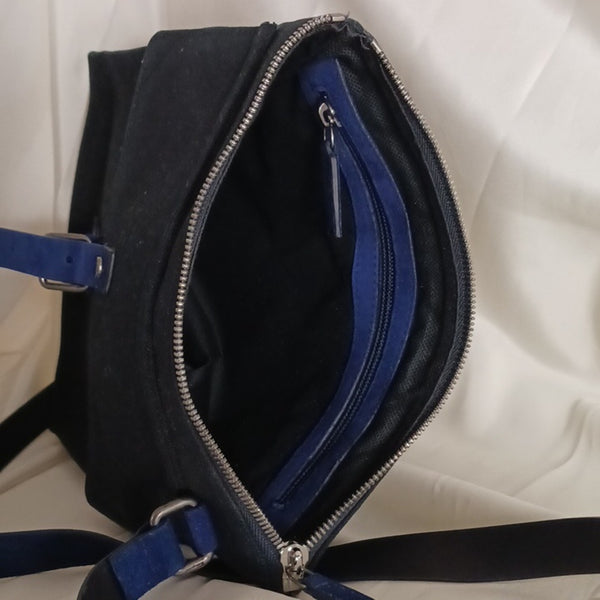 Salvatore Ferragamo Blk Canvas W Blue Suede Trim Bag.
