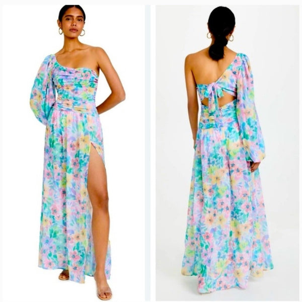 For Love & Lemons Multi Floral Maxi One-Sleeve Dress.