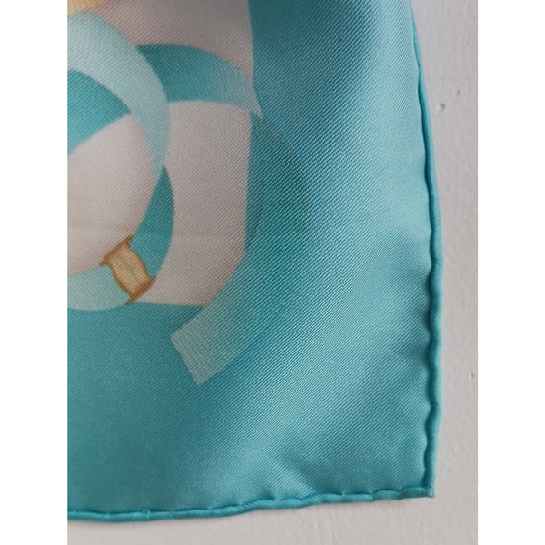 SALVATORE FERRAGAMO PASTEL AQUA RIBBON BUCKLE PRINT SCARF