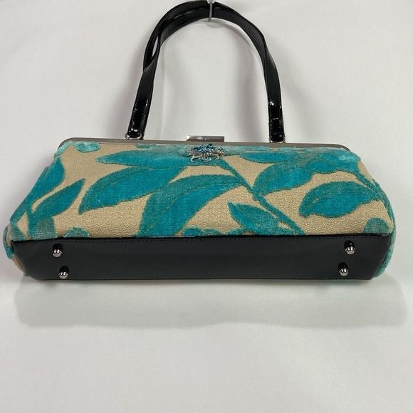 Glenda Geis Tan Turquoise Leaf Print Rec Kiss Lock Bag