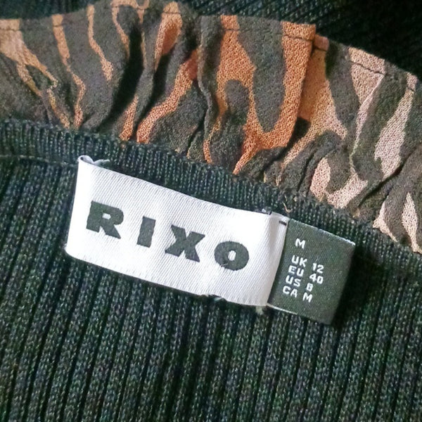 RIXO Black Knit Dress with Animal Print Details.
