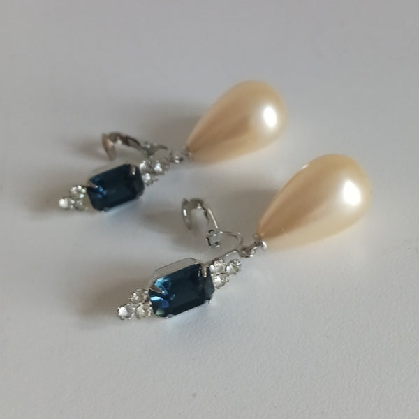 Kenneth Jay Lane Vintage Blue Stone and Large Pearl Clips Earrings.