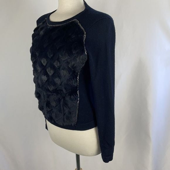 Elie Tahari Real Fur and Knit Navy Sweater