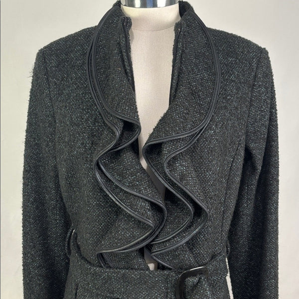 NWT Anne Fontaine Black Tweed Ruffle Trim Jacket w Belt