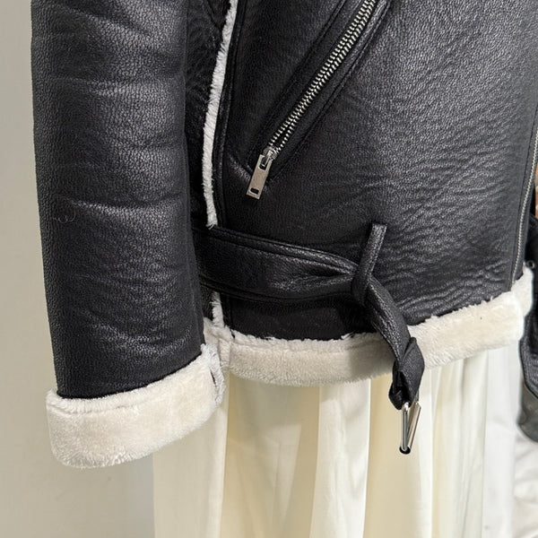 Aqua Size S Black faux shearling moto