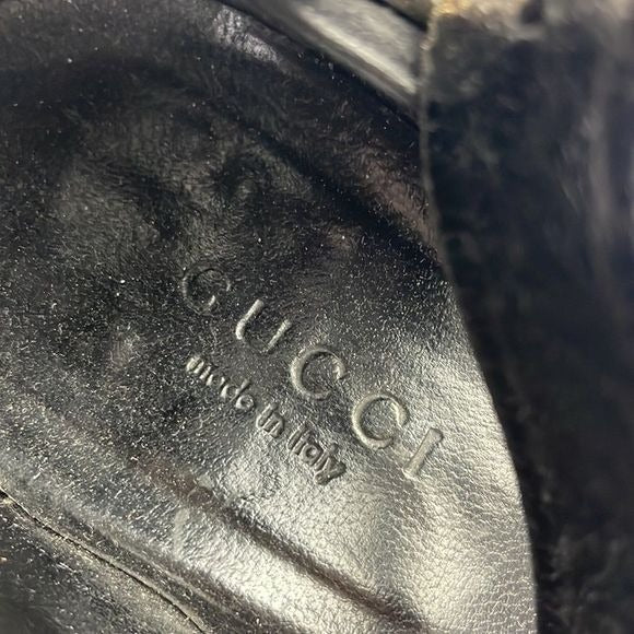 Gucci Black Suede With Gold Ankle Strap Sandal Heels