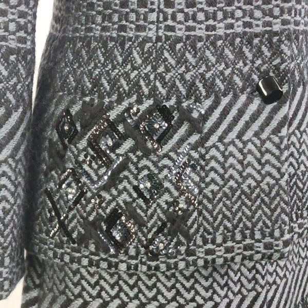 CHANEL  Gray Wool Print W Beads Jkt/ Skt/ Scarf.