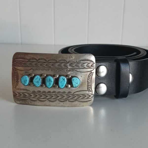 Wilbert Meyers Stamped Silver and Turquoise Buckle Black Belt.