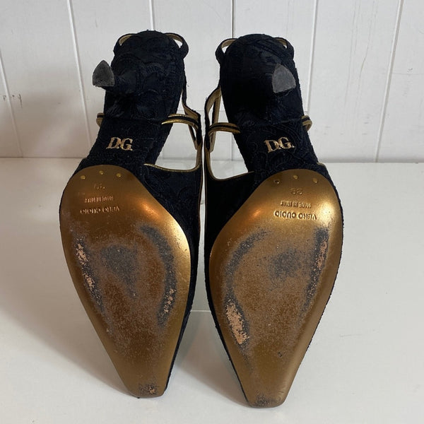 Dolce & Gabbana Blk Brocade Shaped Heel Gold