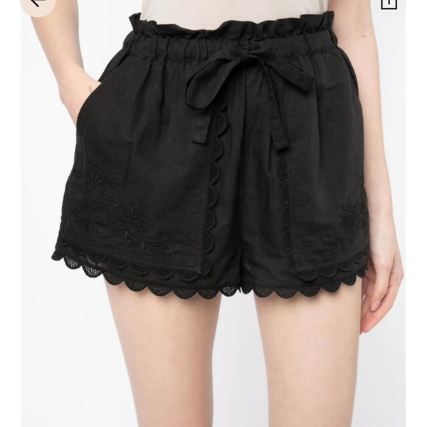 Ulla Johnson Black Linen Lace Trim Shorts
