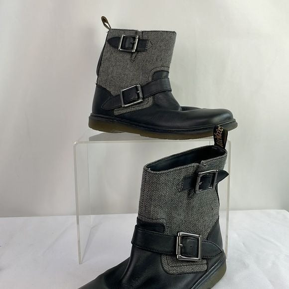 Dr Marten Grey Fabric With Black Leather Ankle Boots