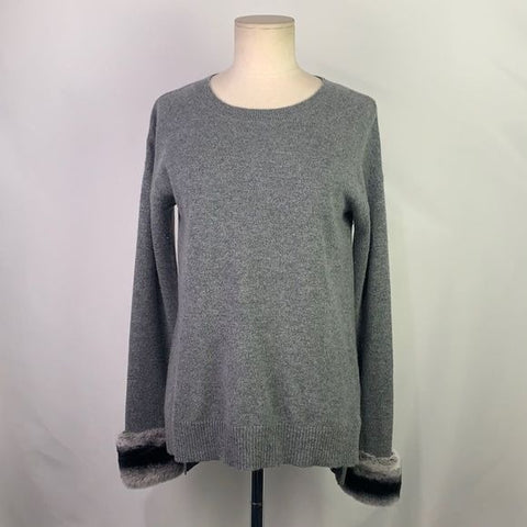 Gray cashmere sweater with fur trim cuffs