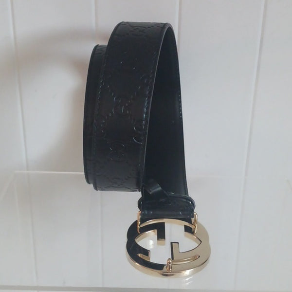 Gucci Black Guccissima Leather Embossed Belt with Gold GG Buckle