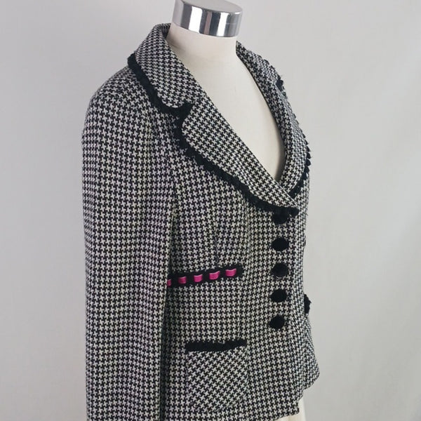 Nanette Lepore Vtg Black and White Houndstooth W Pink Trim Jacket.
