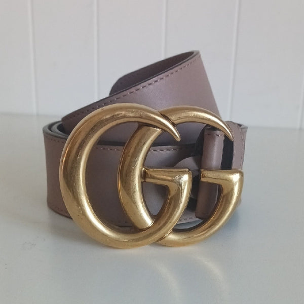 Gucci Tan W Gold Double GG Buckle Leather Belt.