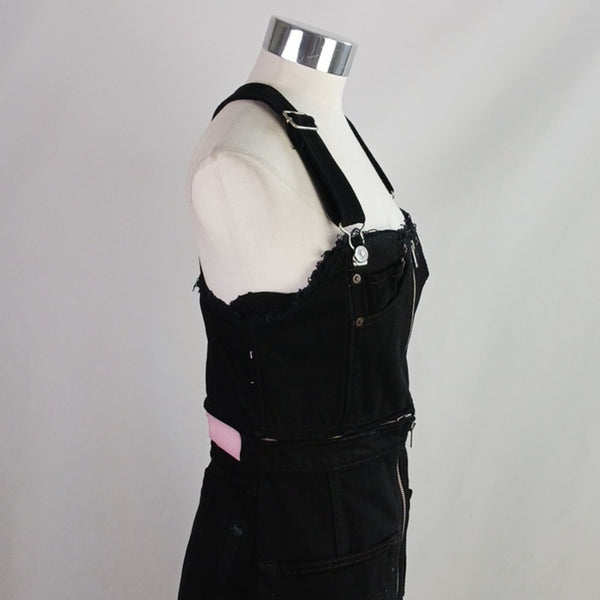 Re/done Black Denim Overall Mini Dress.