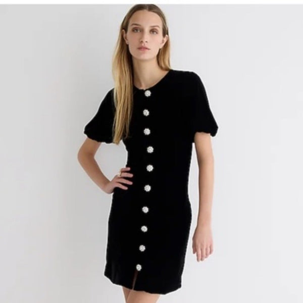 J. Crew Black Velvet W Rhinestone Buttons Dress.