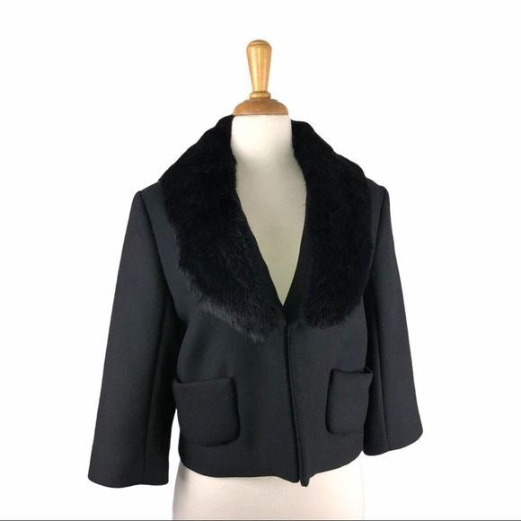 Cacharel Black Wool Blend Jacket w Fur Trim
