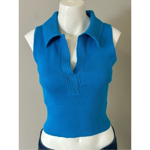 CAROLINE CONSTAS TURQUOISE CROP KNIT TANK TOP WITH COLLAR