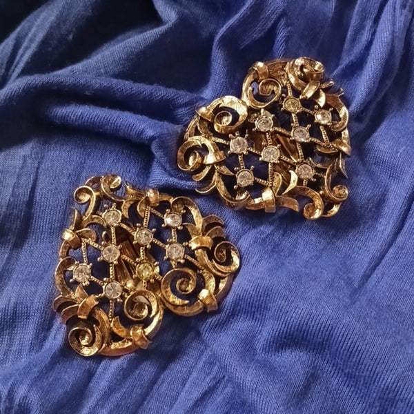 Jose Barrera Vintage Goldtone And Crystal Heart Earrings.
