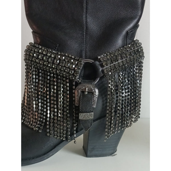 DANIEL DIAMOND BLACK WITH CRYSTAL FRINGE COWBOY BOOTS.