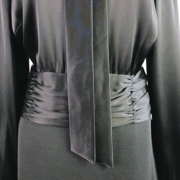 St. John Black Satin Tie Neck Top / Knit Bottom Long Sleeve Dress