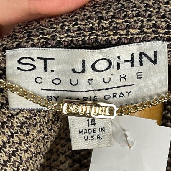 St John Tan tweed knit blazer w/ leather lined belt