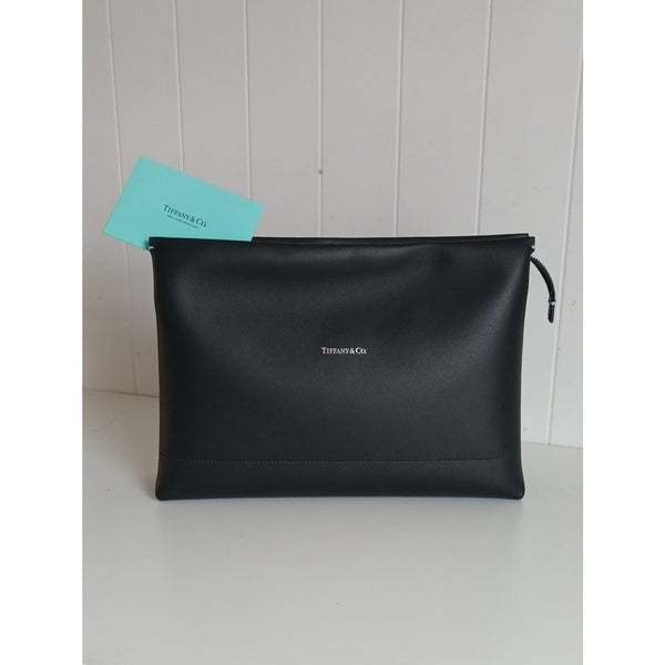TIFFANY AND CO NIB BLK LEATHER LG SHOPPING POUCH.
