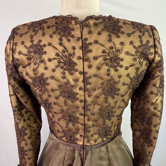 Saks Fifth Avenue Prince Vintage Brown Metallic Embroidery Fit Flare Dress