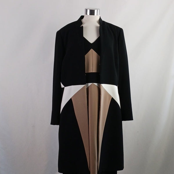 Per Se Black and Tan Long Sleeve Sheath Dress With Jacket