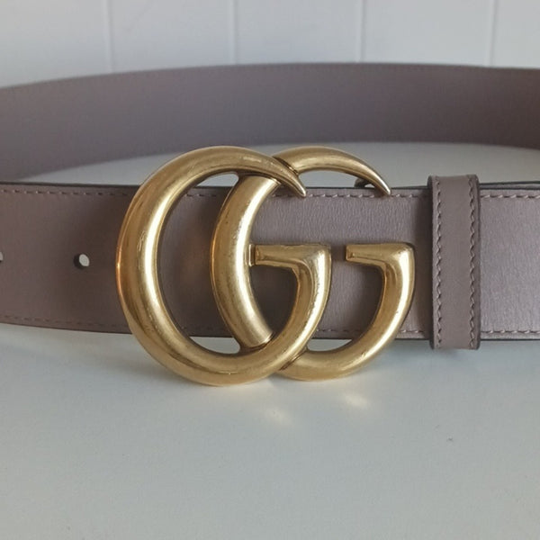 Gucci Tan W Gold Double GG Buckle Leather Belt.