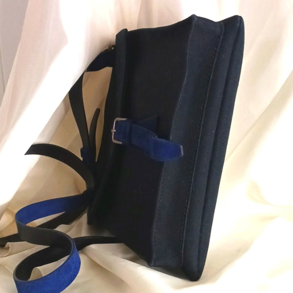Salvatore Ferragamo Blk Canvas W Blue Suede Trim Bag.