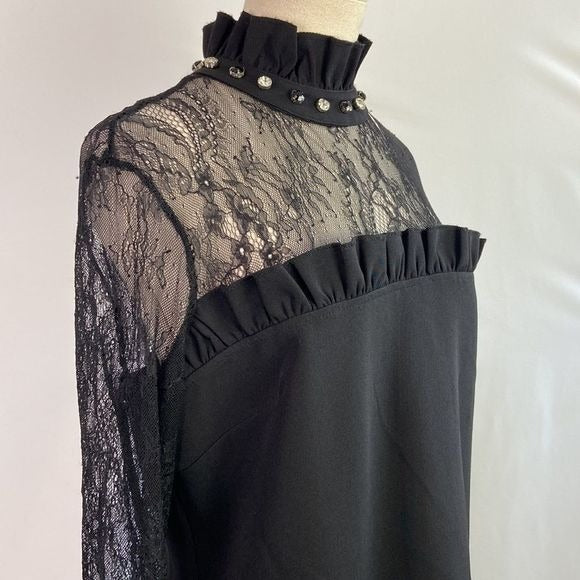 NWT Black High Neck Dress with Lace/Stones