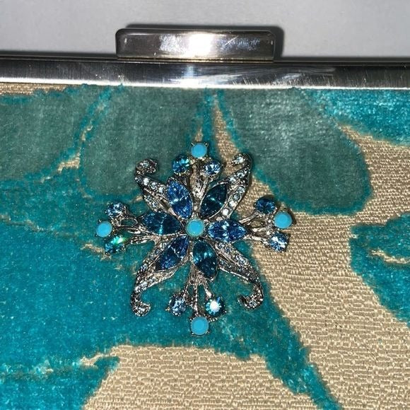 Glenda Geis Tan Turquoise Leaf Print Rec Kiss Lock Bag