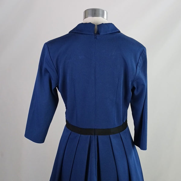 Pamella Roland Blue Pleated Bottom Fit Flare Dress w Collar