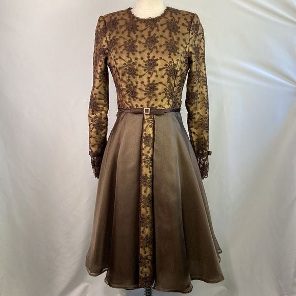 Saks Fifth Avenue Prince Vintage Brown Metallic Embroidery Fit Flare Dress