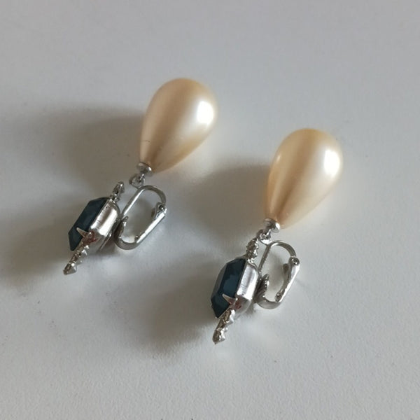 Kenneth Jay Lane Vintage Blue Stone and Large Pearl Clips Earrings.