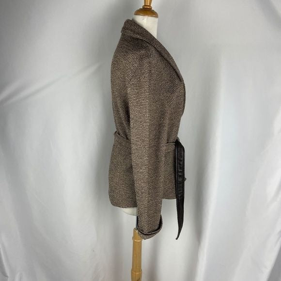 St John Tan tweed knit blazer w/ leather lined belt