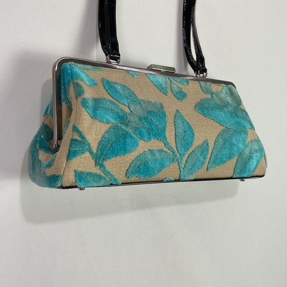 Glenda Geis Tan Turquoise Leaf Print Rec Kiss Lock Bag