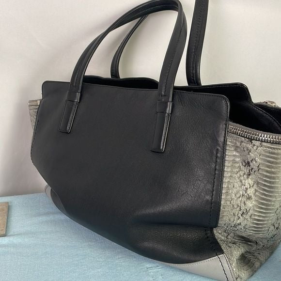 SALVATORE FERRAGAMO LARGE BLACK LEATHER AND GREY SNAKE BAG