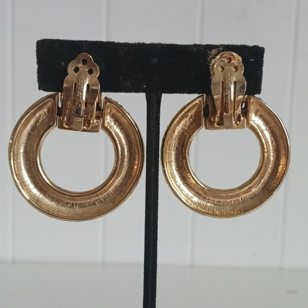 Ben Amun Large Black Rhinestone Clips Earrings.