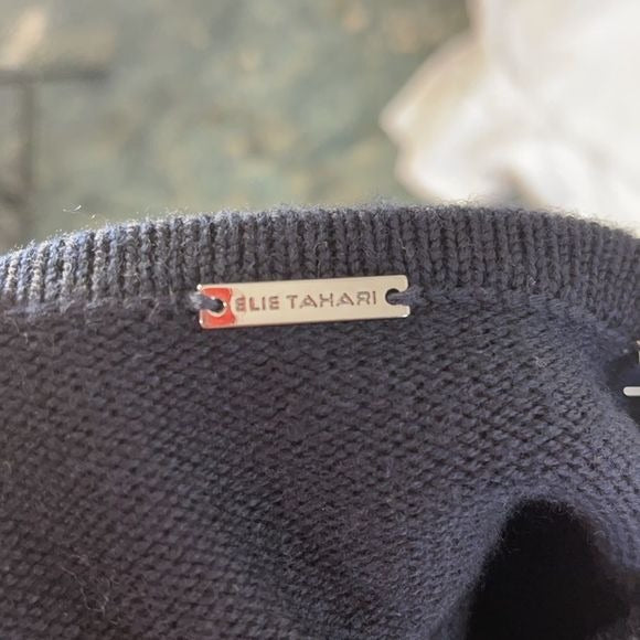 Elie Tahari Real Fur and Knit Navy Sweater