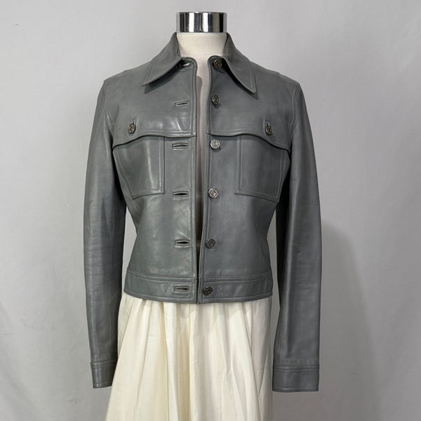 CELINE Gray Leather Crop Vintage Jacket