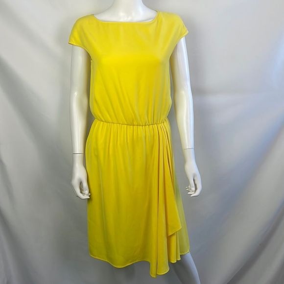 St John Yellow Drape Front Cap Sleeves Dress