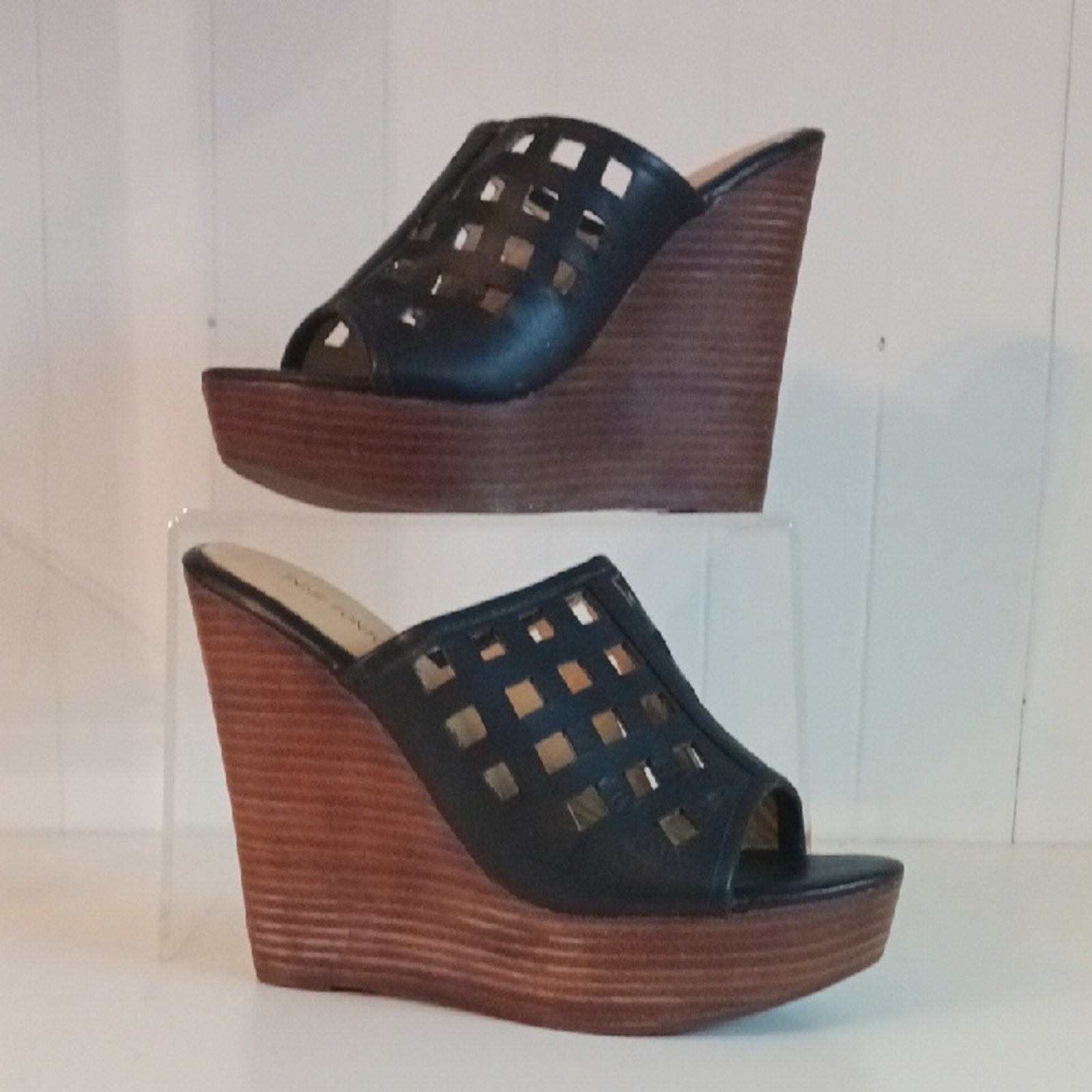 Ann Fontaine NIB Black Platform Wedge Sandals