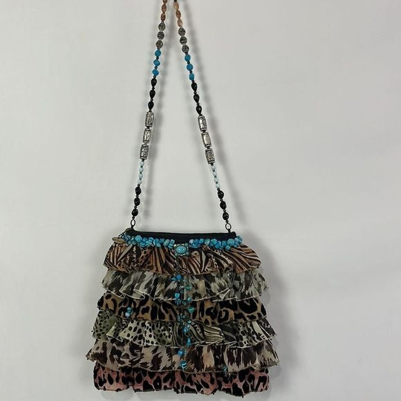 Mary Frances Animal Print Ruffle Bag with Turquoise Trim