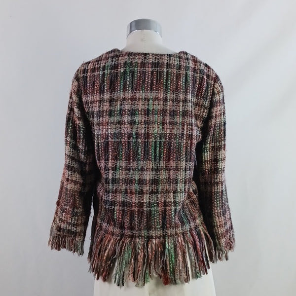 Anthropologie Multi Tweed W Fringe Trim Textured Jacket.